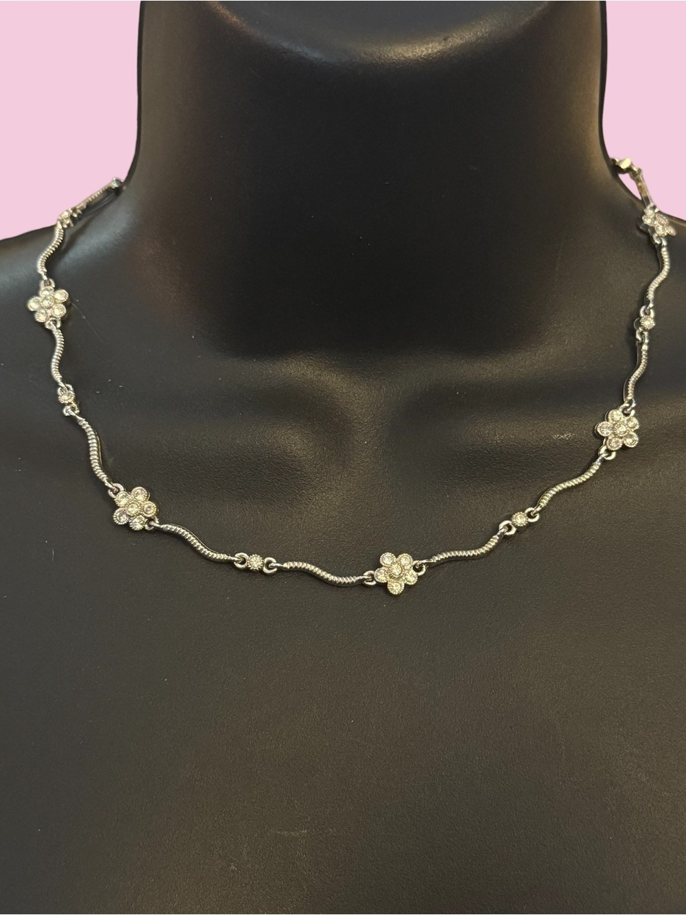 Vintage Silver Plated Rhinestone Flower Vine Necklace